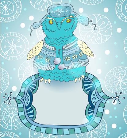 Winter cartoon background with cute owl and label, illustrationのイラスト素材