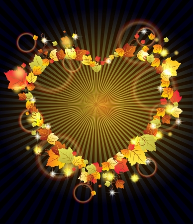 Autumn leaves in the heart frame over dark, beautiful backgroundのイラスト素材