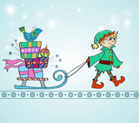 Christmas background with sledge, gifts and gnome, illustrationのイラスト素材