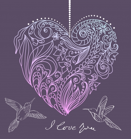 valentine card with floral heart and birds, illustrationのイラスト素材