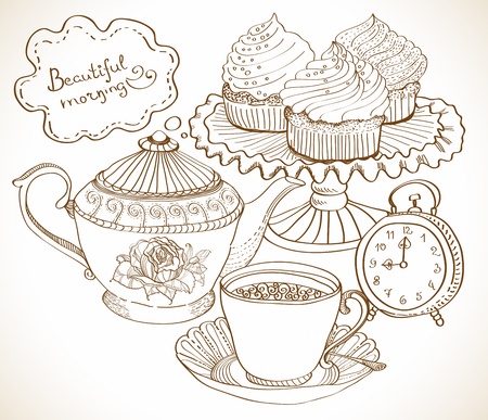 vintage tea background, hand drawn set for breakfastのイラスト素材