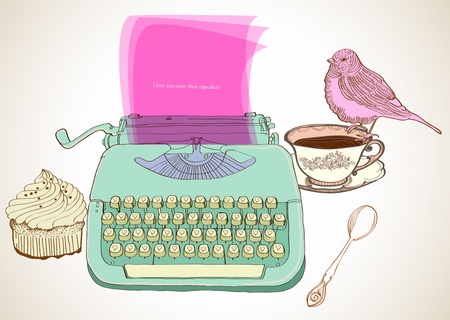 retro typewriter, vintage hand drawn background for Valentine designのイラスト素材