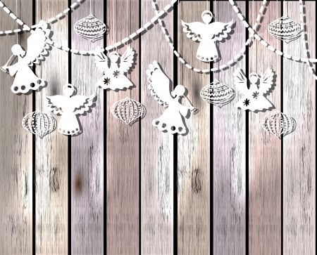 Merry Christmas  card with Angels and decorations in paper cut styleのイラスト素材
