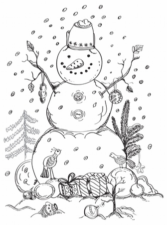 christmas card for xmas design with balls, bird, gift and hand drawn snowmanのイラスト素材
