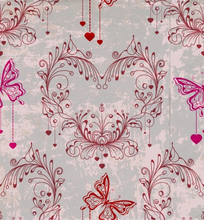 Seamless vintage background with floral ornament and butterflyのイラスト素材