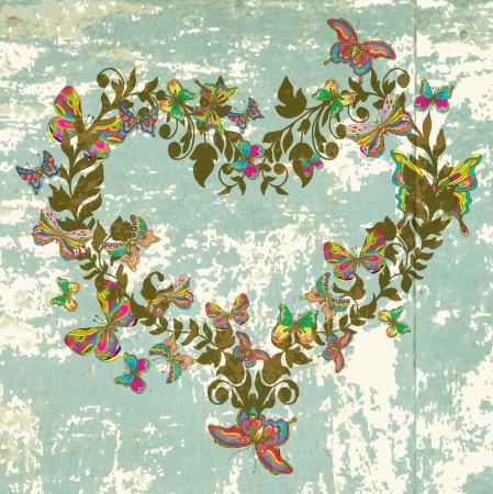 Floral vintage natural heart with butterfly for Valentine designのイラスト素材