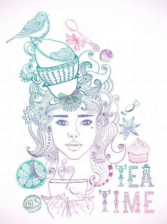 Illustration of a beautiful girl and tea cups and beautiful hair with floral elementsのイラスト素材