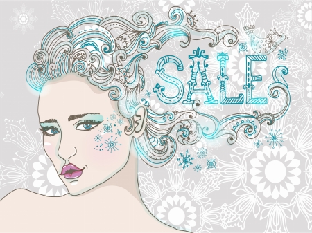 Hand Drawn Beautiful woman over snowflake, beautiful hair and word-SALE, winter sale illustrationのイラスト素材
