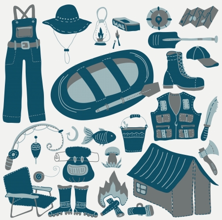 Set of various stylized color icons for Fishingのイラスト素材
