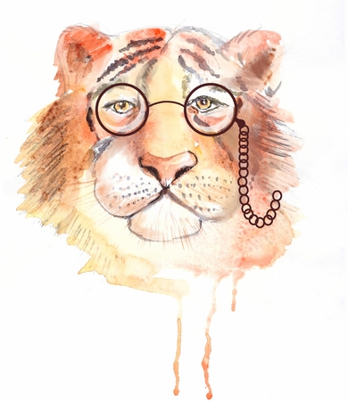 Watercolor tiger with eye-glasses over white, Siberian Tiger illustrationの写真素材