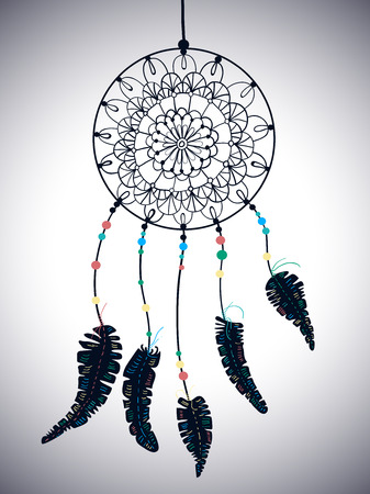 Color American Indians dreamcatcher with bird feathers and floral ornament, beautiful illustrationのイラスト素材