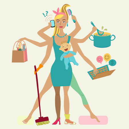 Super mother with newborn baby - cleaning, shopping, talking by phone, coocking, working, combing hair, making sport and doing pedicure at the same time. Multi super wife, beautiful ladyのイラスト素材