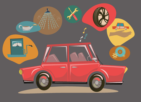 Retro Cartoon Car with car icons setのイラスト素材