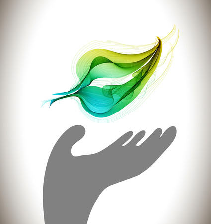 Background with ecological environment icon - gray hand and green abstract leafのイラスト素材