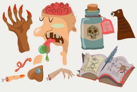 Halloween color funny set with bottle, zombie, magical book and otherのイラスト素材