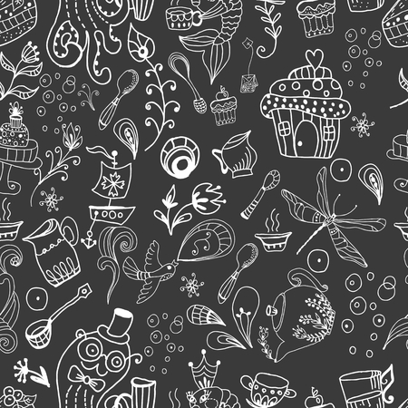 Seamless tea time background, doodle illustration with teapot and floral elements, fish and octopus drinking teaのイラスト素材