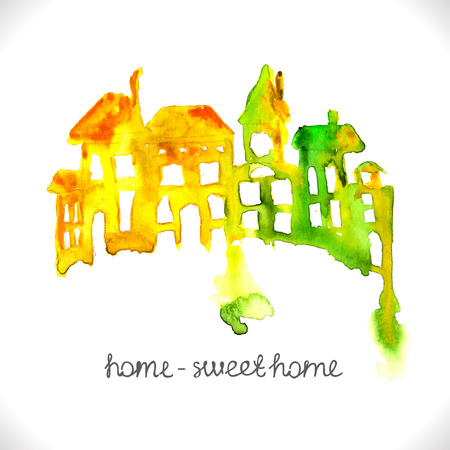 Watercolor beautiful homes- yellow and green over white, cute houses, little townのイラスト素材