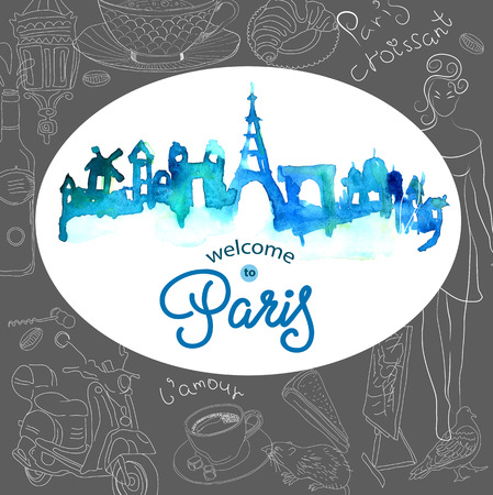 Paris skyline watercolor background with textのイラスト素材