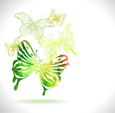 Green color background with watercolor butterflies and flowers illustrationのイラスト素材