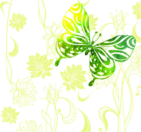 Green color background with watercolor butterflies and flowers illustrationのイラスト素材