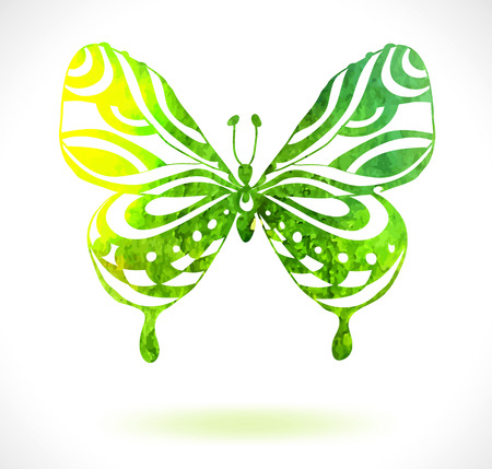 Green color background with watercolor butterfly illustrationのイラスト素材