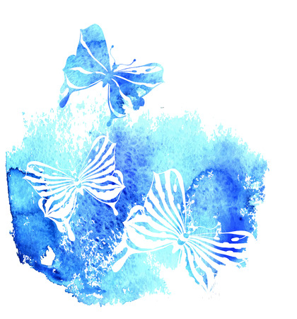 Blue background with watercolor butterfly  illustrationのイラスト素材