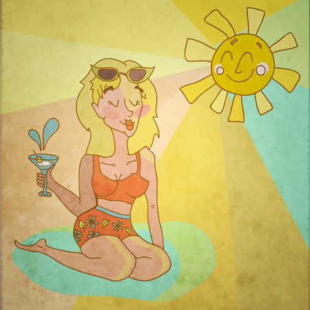 Beautiful retro cartoon woman over sun with cocktailのイラスト素材
