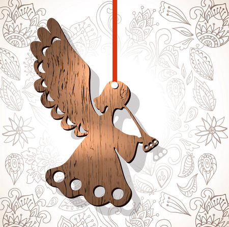Wooden figure of angel over floral backgroundのイラスト素材