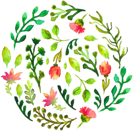 Natural floral circle background with green leaves and red flowers. Vectorized watercolor drawing.のイラスト素材