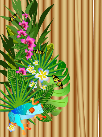 Tropical green leaves and flowers over wood. Floral design background. Bright color vibrant illustrationのイラスト素材