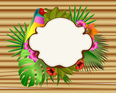 Tropical flowers and leaves and beautiful bird. Floral design background. Bright color vibrant illustrationのイラスト素材