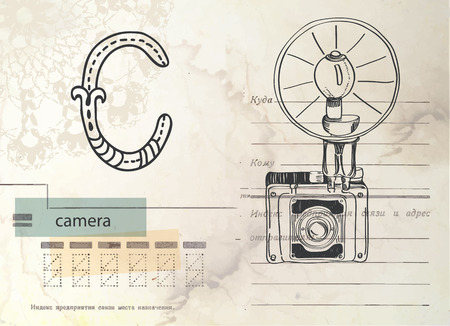Vintage Alphabet over retro card, letter C with cameraのイラスト素材