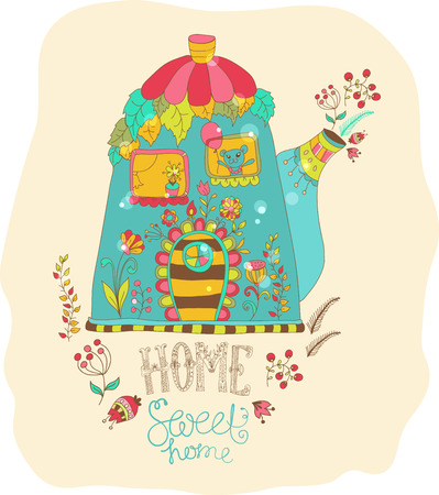 Color cartoon home in teapot with flowersのイラスト素材