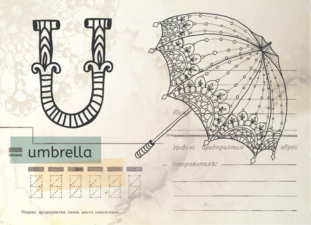 Vintage Alphabet over retro card, letter U with umbrellaのイラスト素材