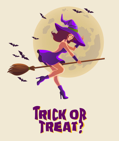 Halloween illustration with witch on broom, Holiday poster designのイラスト素材