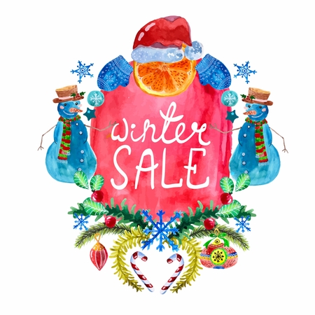 Watercolor beautiful Christmas card with snowman over whiteのイラスト素材