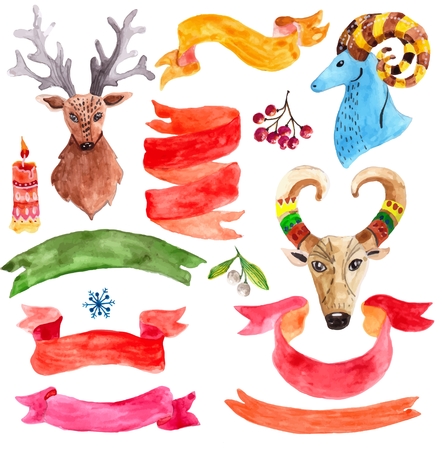 Watercolor beautiful Christmas collection with ribbon, deer, goat for Holiday designのイラスト素材