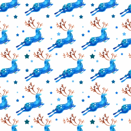 Seamless pattern with deer and star. Christmas seamless pattern background. Watercolor illustrationの写真素材