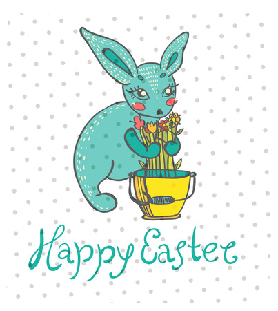 Easter card with rabbit and flowers, beautiful illustration for Holiday designのイラスト素材