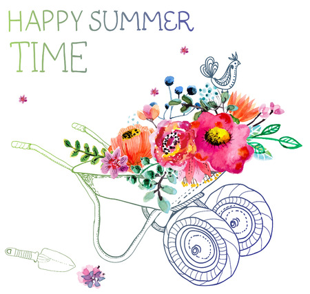 Watercolor flowers and garden trolley over white, beautiful summer illustrationのイラスト素材