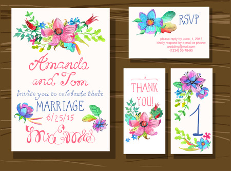 Beautiful set of invitation cards with watercolor flowers elements and calligraphic letters. Wedding collectionのイラスト素材