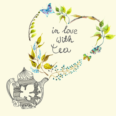 Watercolor colorful background with flowers and teapot, beautiful vintage illustrationの写真素材