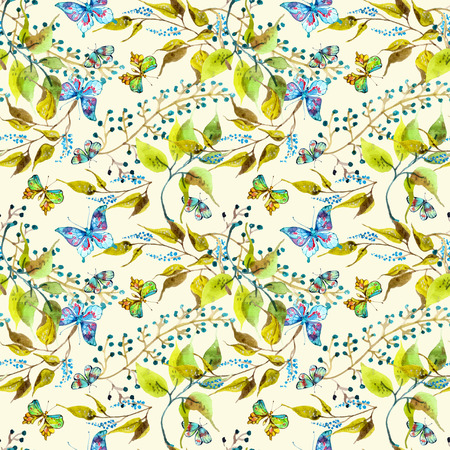 Seamless watercolor background with butterfly and leafの写真素材