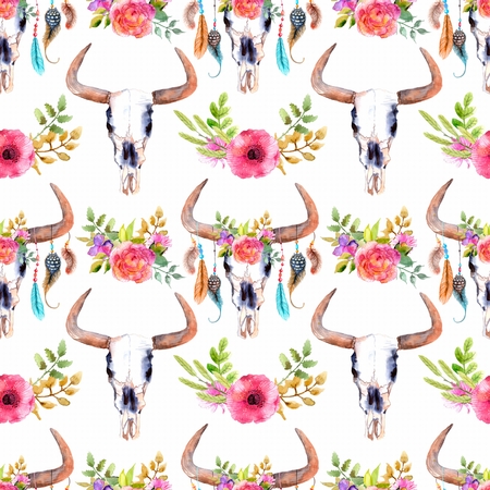 Watercolor bull skull with flowers and feathers, seamless background, patternの写真素材