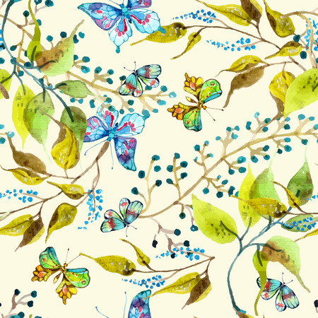 Seamless watercolor background with butterfly and leafのイラスト素材