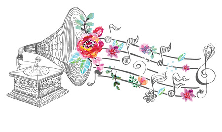 Vintage Gramophone, Record player background with floral ornament, beautiful  illustration with watercolor flowersのイラスト素材