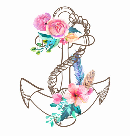Doodle Anchor with watercolor flowers and feather over whiteのイラスト素材