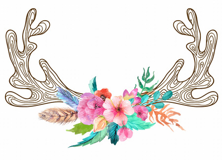 Doodle horns with watercolor flowers and feathers, seamless patternのイラスト素材