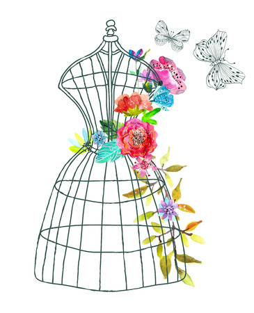 Doodle mannequin with watercolor flowers and butterfly over whiteの写真素材