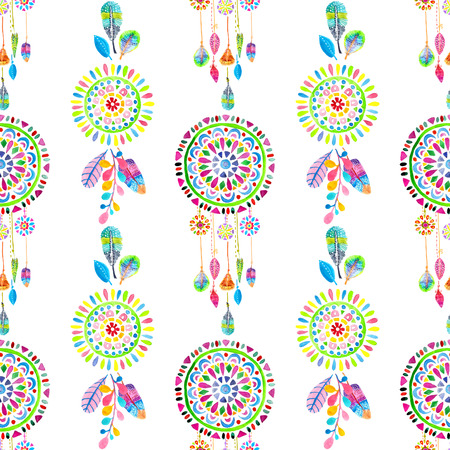 Watercolor Retro pattern of geometric shapes. Colorful texture with circles and flowersの写真素材